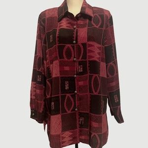 Vintage Maroon and Black Button‎ Front Blouse Sz L